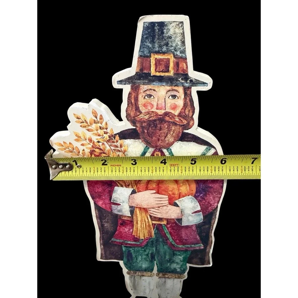 3 Vtg Hallmark Thanksgiving Pilgrims Turkey Die Cut Wooden Stand Decorations